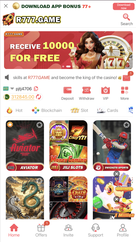 R777 game main dashboard